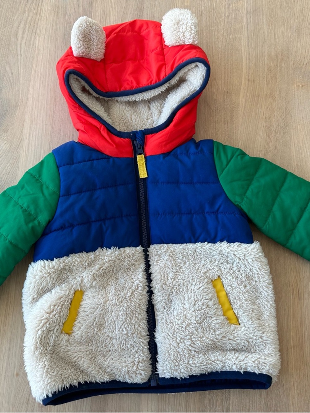 Baby Boden Colorblock Puffer Jacket in Red, Blue, Green, Cream & Yellow